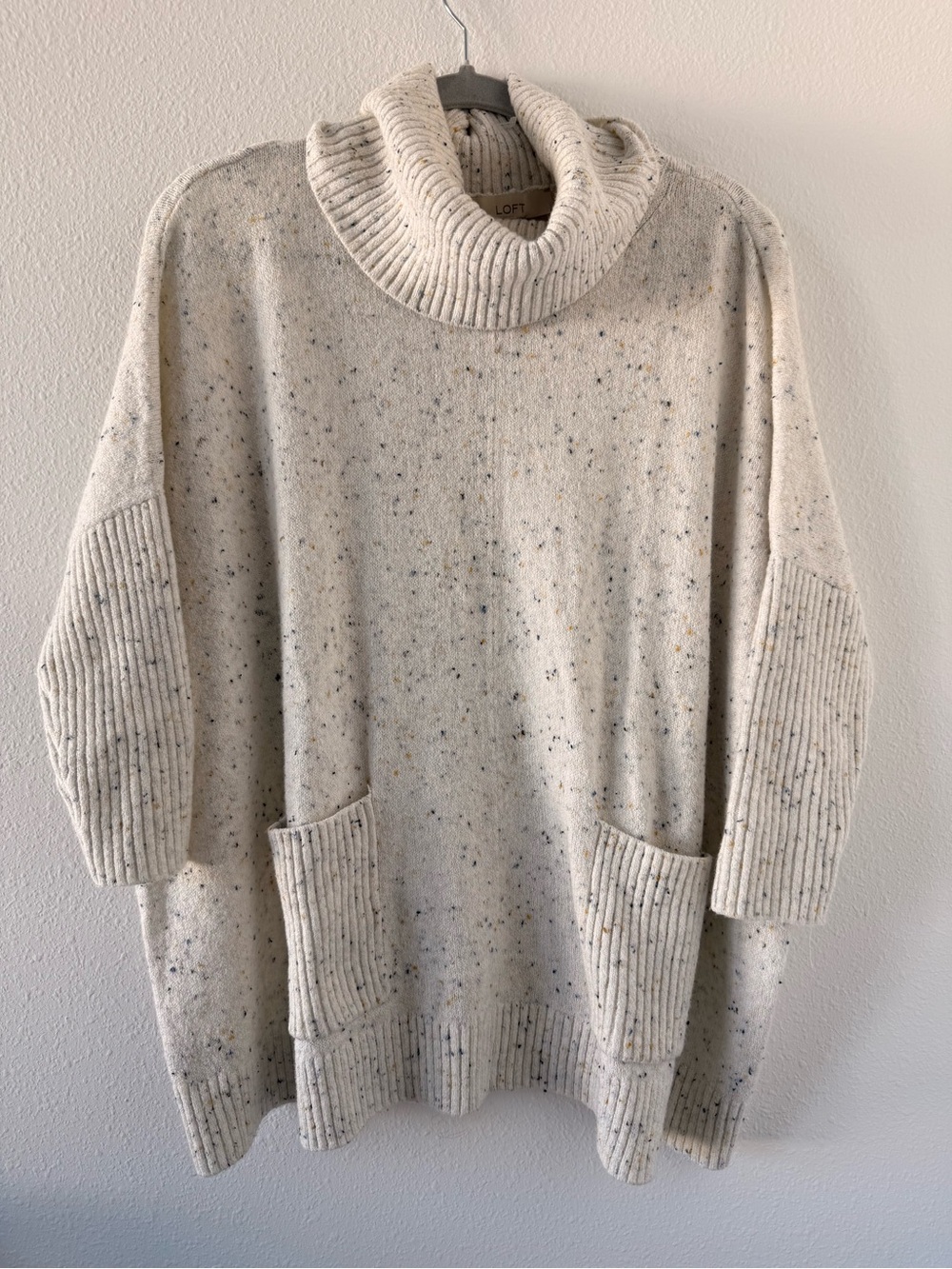 LOFT Cream Speckled Cowl Neck Pocket Sweater Tunic oversized